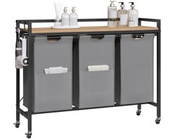 Varnox Wasmand kastje - Wasmandkastje - Tafel met wasmand - Wasmand met 3 vakken - Wassorteerder - Wasmand tafel - Badkamerkast - Wasmand meubel - Waszak - Wasmand rek - Light oak - Op wielen - Zwart metaal