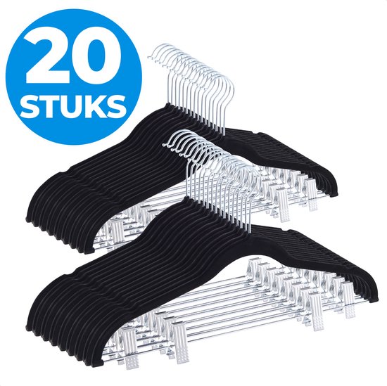 ACAZA Lot de 20 Cintres en velours avec pinces, cintres avec pinces pour Rok, pantalon, pour femme ou homme, crochet en métal, noir