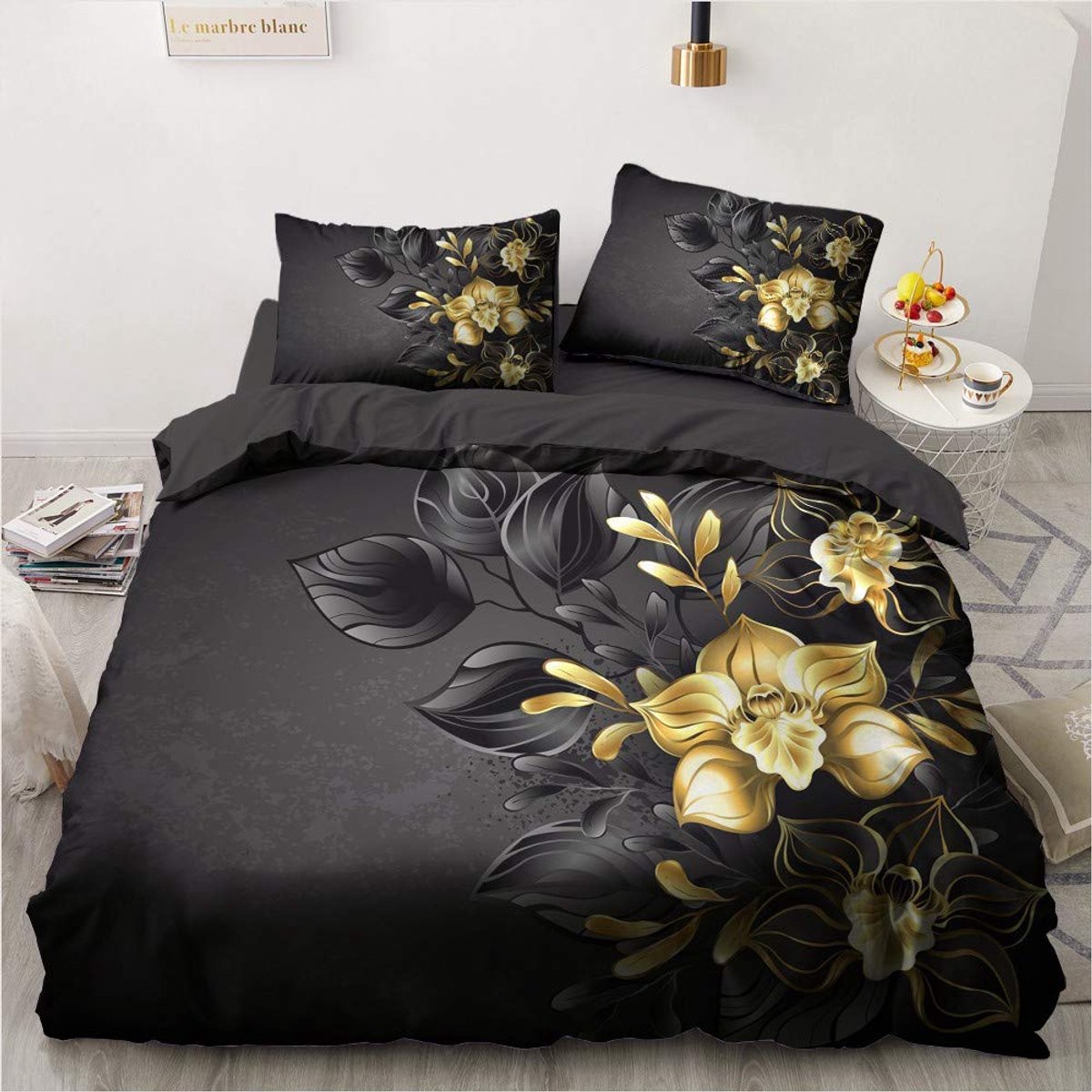 Ibenzoa® Zachte Microvezel Dekbedovertrek Zwart Goud Romantische Bloemen 135x200 + Kussensloop 80x80