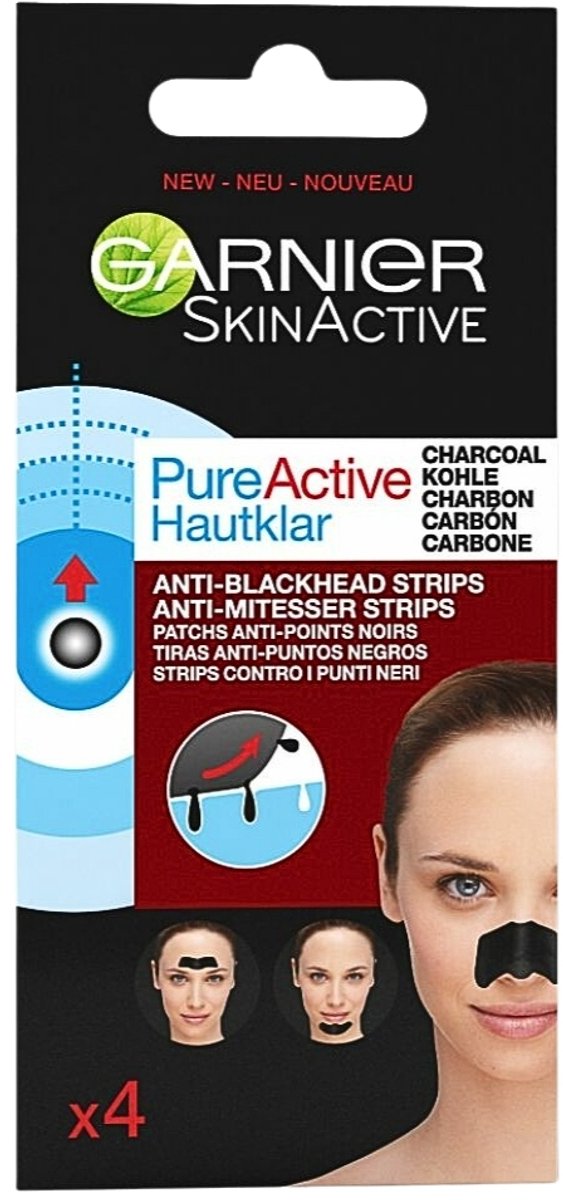 1 x Garnier - Pure Active - Anti-Mee-Eters Strips - Charcoal - Neus, Voorhoofd & Kin - 4 Strips - Anti-meeteers Strips - Huid Reinigen - T-zone Reinigen - Houtskool Strips - Acne Behandeling