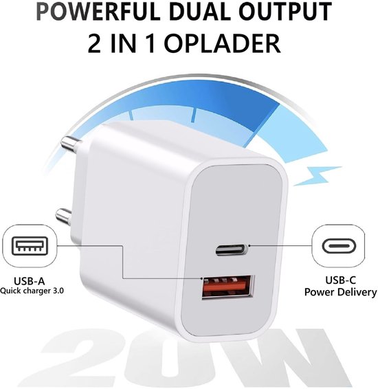 Witte 20W oplader met een USB-A Quick Charger 3.0 poort en een USB-C Power Delivery poort.
