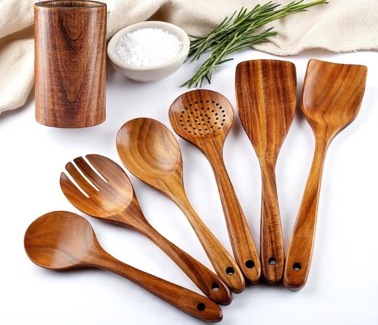Dutchers® 7-delige Teakhouten Spatel set - Houten Spatels - Soeplepel Hout - Antiaanbakpan - Keuken lepel - Kookgerei - Wokspatels - Pollepels - Opscheplepel - Keukenlepel - Kookgerei - Keukengerei - Cadeau - Keukenaccessoires