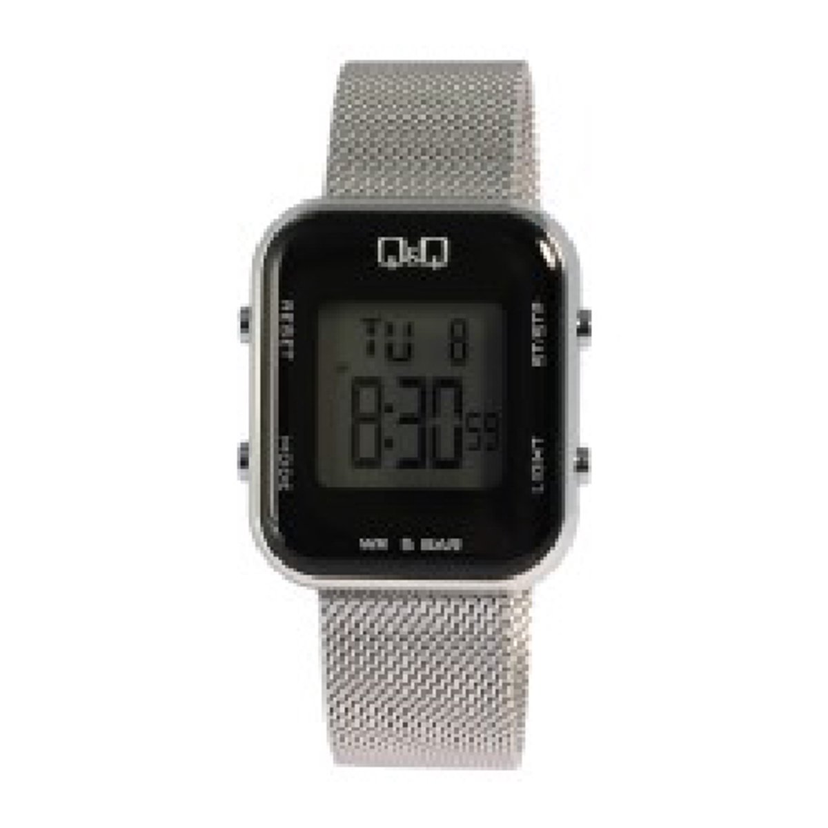 QQ-model m207j010y-Dameshorloge-digitaal-stopwatch-5 atm waterdicht-alarm-licht-datum-verstelbare Milanese band-afmetingen 39x32 mm