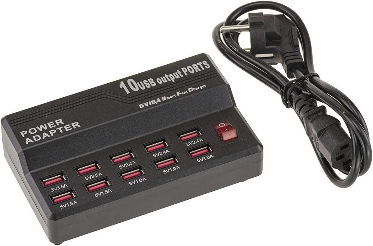 Industriële USB-oplader met 10 poorten - Opladen tot 3,5 A - 60 W laadsysteem