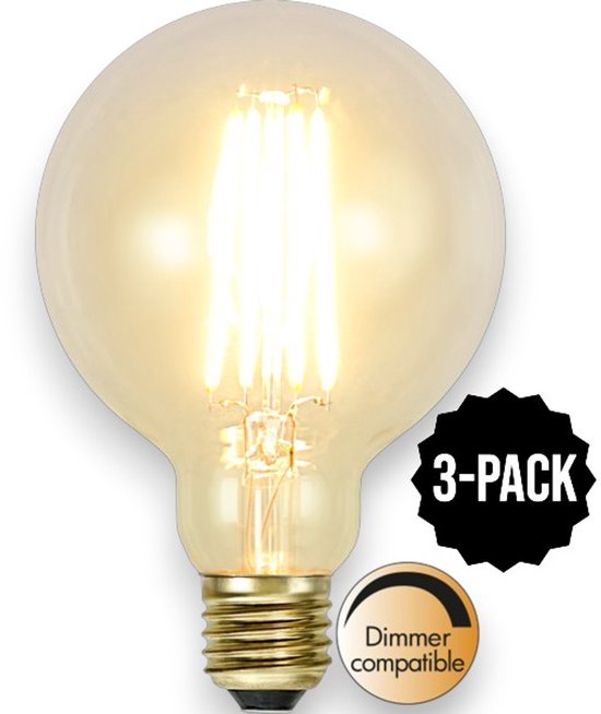Ampoule à verre sphérique transparent. Le pack de 3 ampoules est dimmable et possède un culot E27.