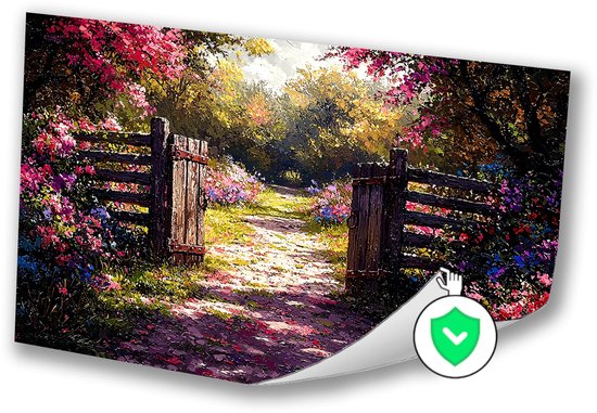 Houten poort naar bloemenpad - Natuur muurdecoratie - Muurdecoratie poort - Impressionisme - Design posters - Decoratie kamer - poster 60x40 cm
