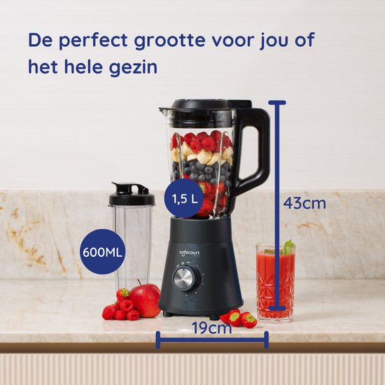 Safecourt Kitchen Power Blender - 1,5L Glas & 2x 600ml To-Go beker - 1300W Smoothie maker - Krachtig, stil en eenvoudige reiniging - RVS