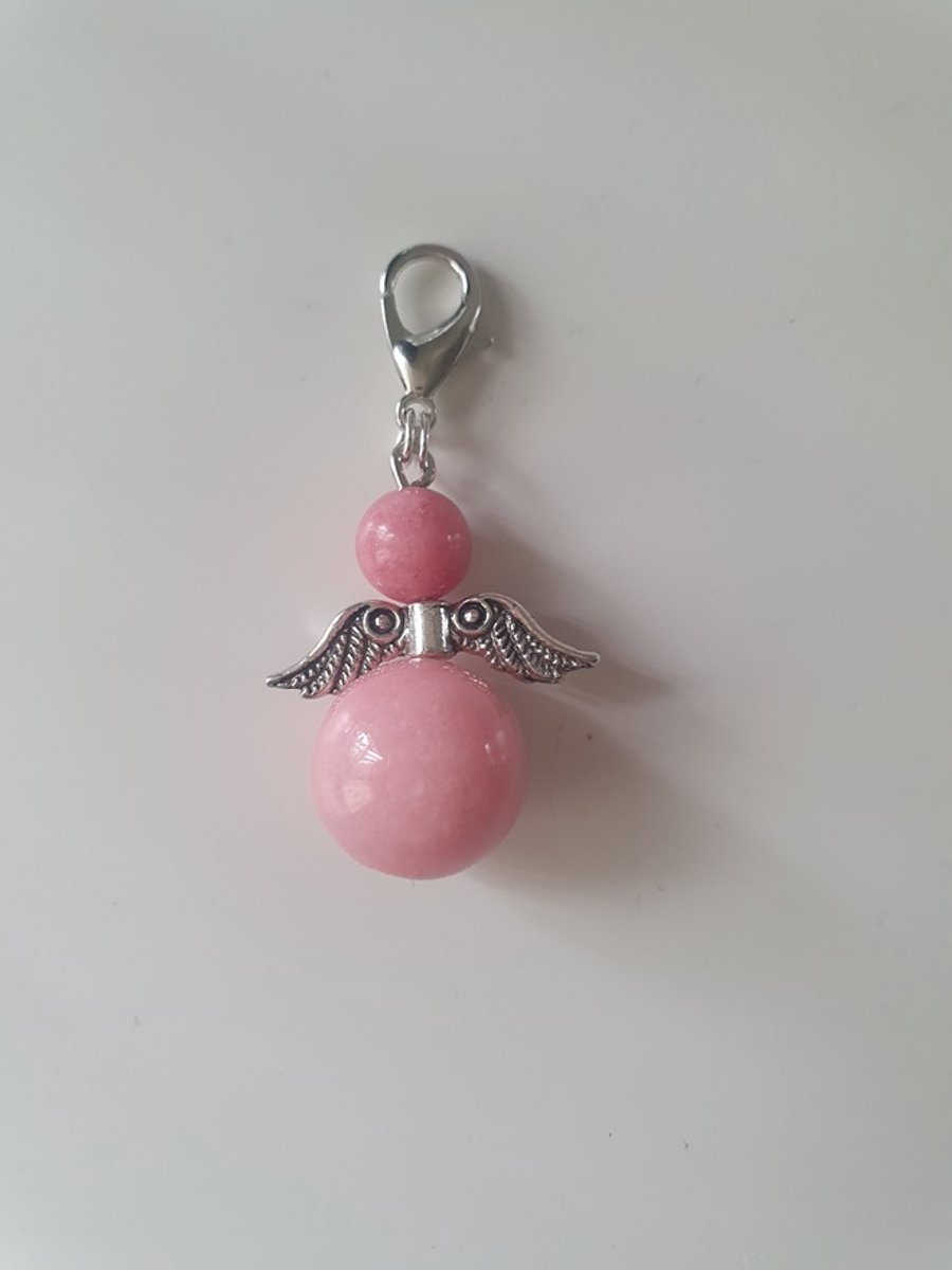 Beschermengel Rose Chalcedoon hanger zilver, tashanger, sleutelhanger, geluksengel, kerstengel, kersthanger, kerst ornament, kerst, cadeau, autodecoratie, geluk engel, bescherm engel, engel, edelsteen, spiritueel, babyshower