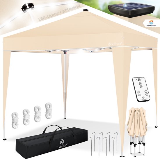 Pavillon de jardin KESSER® 3x3m résistant aux intempéries et pliable avec éclairage LED solaire et protection UV Sac de transport et télécommande inclus