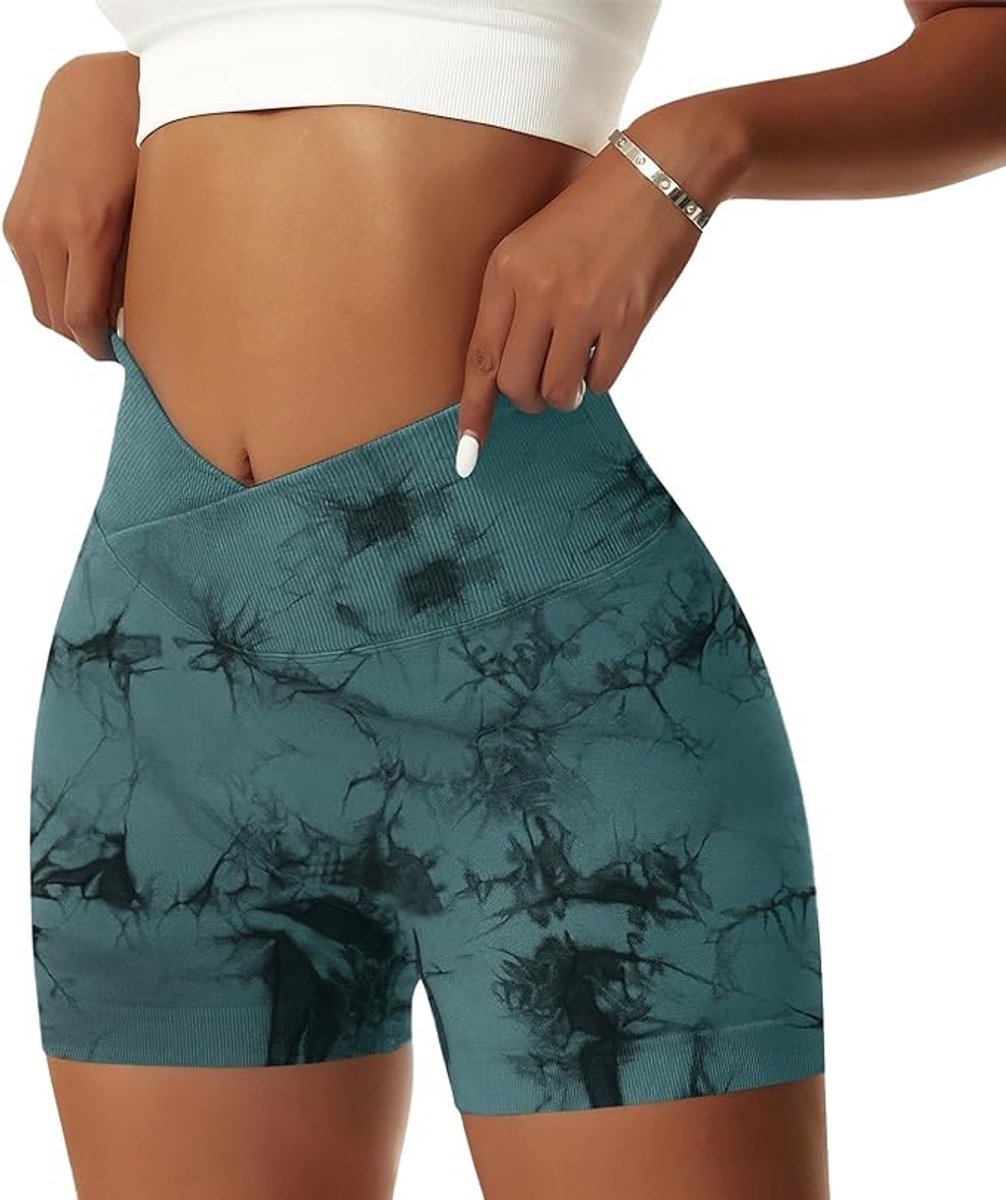Sportshorts voor dames, V-hals, cross, stretch, push-up, yoga, shorts, booty, scrunch, fitnessbroek, kort, hoge taille, naadloos, work-out, sportshorts, butt lift, korte leggings, zomer Tie Dye groen S