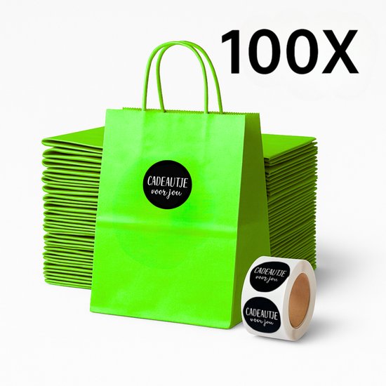 Papieren Draagtas (S) - Lime Groen - (Inclusief Zwarte Stickers “Cadeautje voor jou”) - 100 Stuks - 18x8x22 cm - Papieren Tasjes - Kraft Tas - Tassen - Cadeau Tas - Hoogwaardig Natron Kraft Papier - Eco-vriendelijk