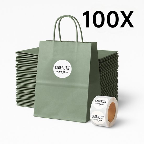 Papieren Draagtas (S) - Olijf Groen - (Inclusief Stickers “Cadeautje voor jou”) - 100 Stuks - 18x8x22 cm - Papieren Tasjes - Kraft Tas - Tassen - Cadeau Tas - Hoogwaardig Natron Kraft Papier - Eco-vriendelijk
