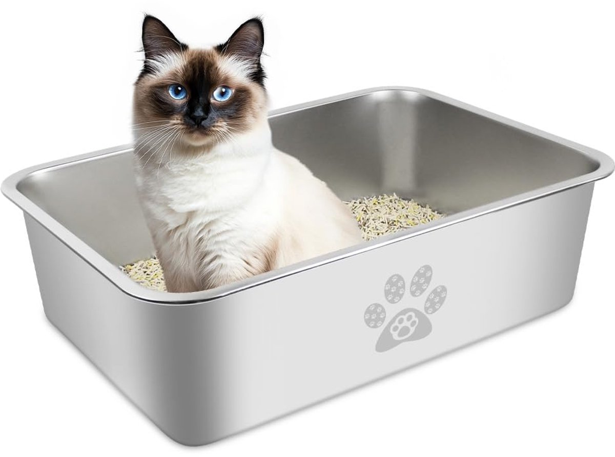 Ibenzoa® Grote Roestvrijstalen Kattenbak met Antiaanbaklaag en Siliconen Voeten – Perfect voor Grote Katten en Andere Kleine Dieren