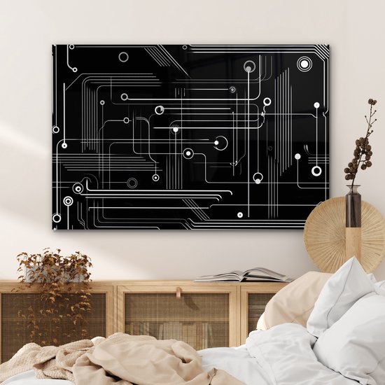 MuchoWow® Glasschilderij 90x60 cm - Schilderij acrylglas - Abstract - Lijnen - Rondjes - Zwart - Foto op glas - Muurdecoratie woonkamer - Wanddecoratie slaapkamer - Schilderijen