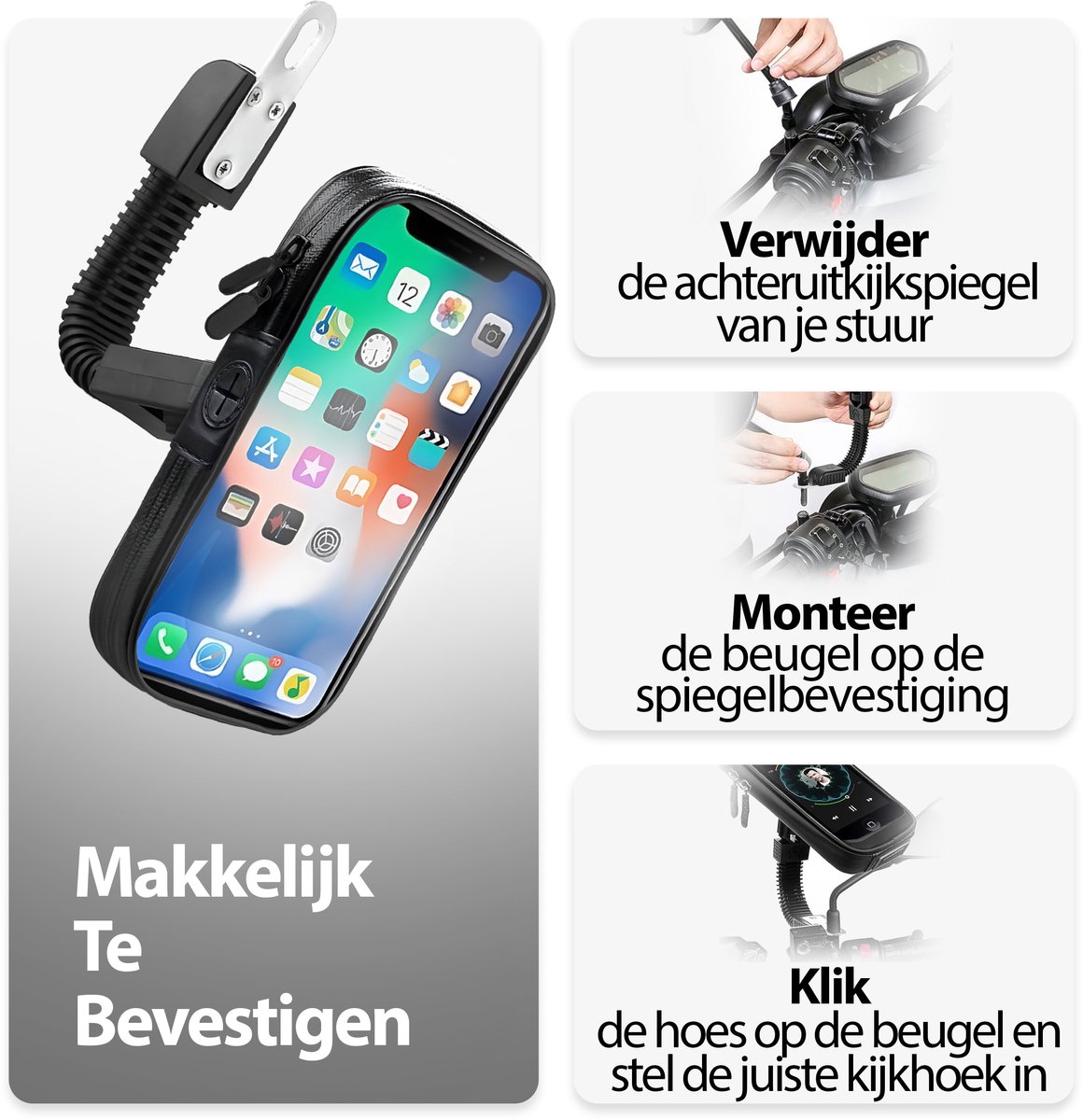 Xssive M1 Telefoonhouder Motor en Scooter - Spiegelbevestiging - Flexibele Stang - Waterdicht - Geschikt voor o.a Vespa, Kawasaki, Ducatti, Sym, Piaggio, Kymco - GSM Houder – foto 8