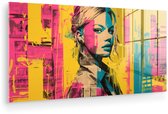 MuchoWow® Glasschilderij 120x60 cm - Schilderij acrylglas - Vrouw - Verfstrepen - Gekleurd - Foto op glas - Muurdecoratie woonkamer - Wanddecoratie slaapkamer - Schilderijen