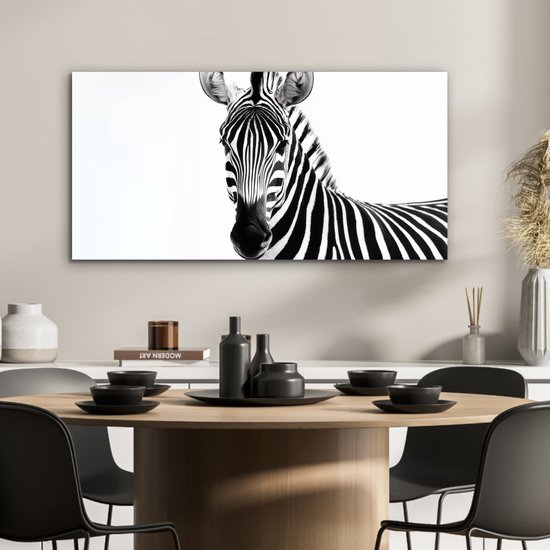 Aluminium schilderij 80x40 cm - Wanddecoratie metaal - Zebra - Close-up - Zwart - Strepen - Metalen muurdecoratie woonkamer - Decoratie industrieel - Foto op dibond - Industriële accessoires slaapkamer