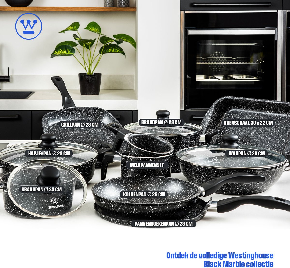 Westinghouse Wood WHP231 Marble Wok 30 cm avec revêtement anti-adhésif en marbre 3 couches, en aluminium forgé, compatible avec induction, poignée en silicone aspect bois, passe au lave-vaisselle