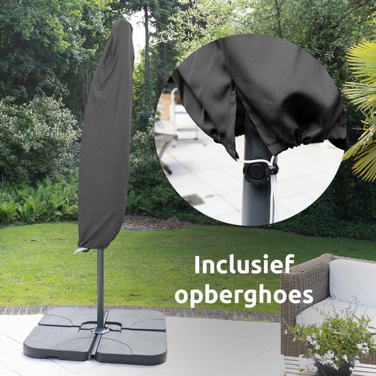 BluMill Zweefparasol Met Voet en Beschermhoes - Ø 300 cm - Waterdicht - Kantelbaar - Verstelbare Hoogte - Grijs