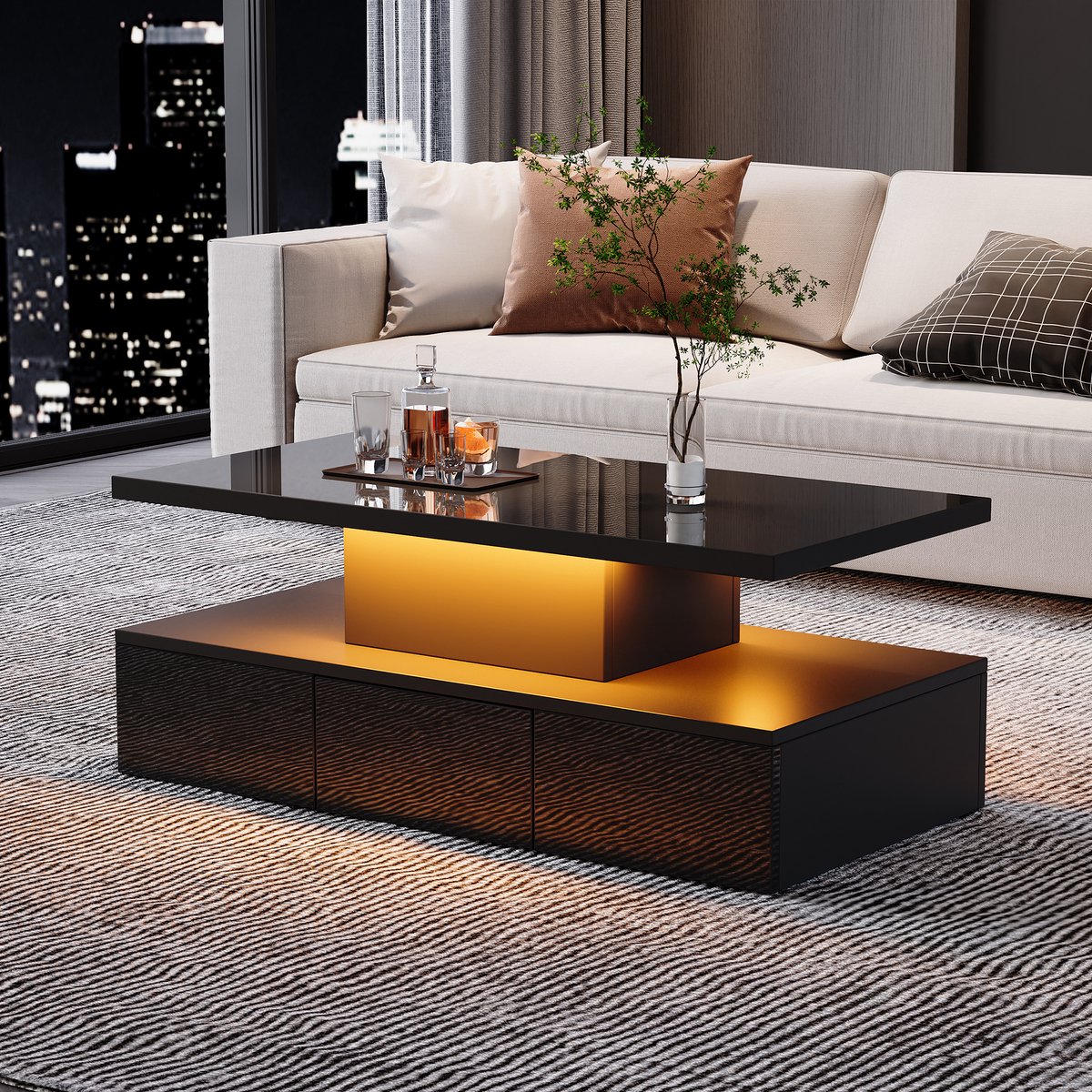 SINGULARITY Salontafel-met 16 gekleurde LED-verlichting-Open display plank-Sofa-tafel met 1 lade-Rechthoekig-Zwart