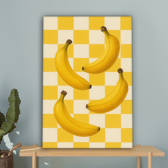 Tableau sur toile 60x90 cm - Décoration murale Bananes - Jaune - À carreaux - Décoration murale salon - Décoration chambre - Accessoires chambre - Peintures sur toile