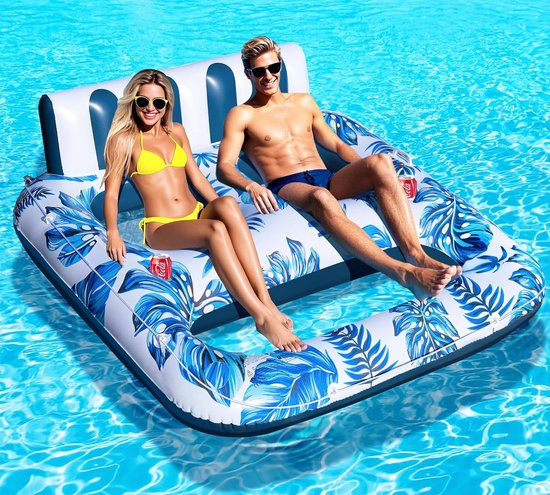 Fauteuil de piscine gonflable pour 2 personnes, fauteuil de natation pour piscine adulte avec porte-gobelet et poignée, grand siège de piscine, matelas gonflable avec filet, matelas gonflable pour