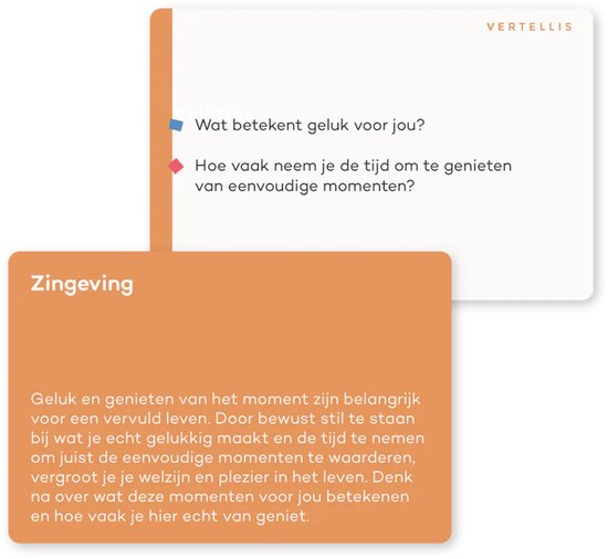 Vertellis Vitaliteit Deck: Vragen over zingeving, zoals 'Wat betekent geluk voor jou?'