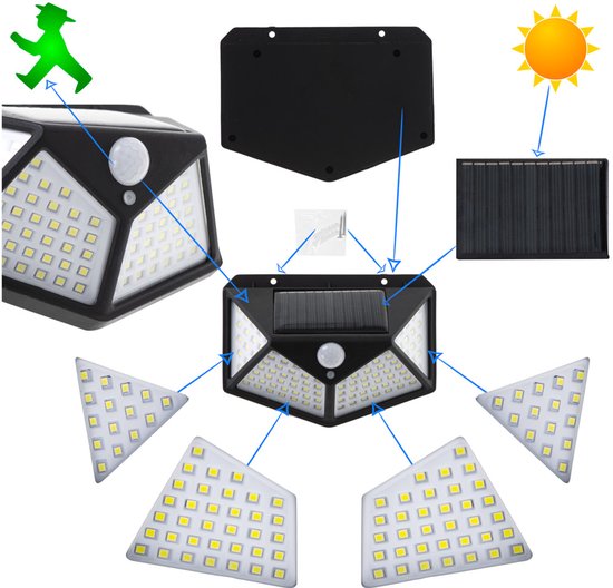Diagram van zonne-buitenlamp, met aparte delen, sensor, zonnepaneel en montage schroeven.
