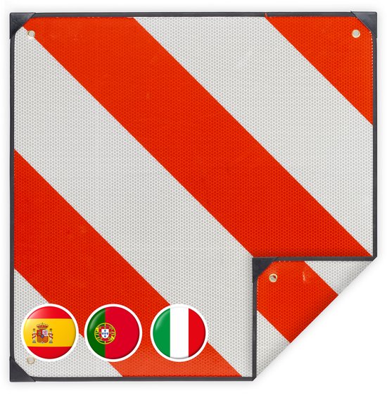 Markeringbord met diagonale rode en witte strepen, met vlaggen van Spanje, Portugal en Italië.