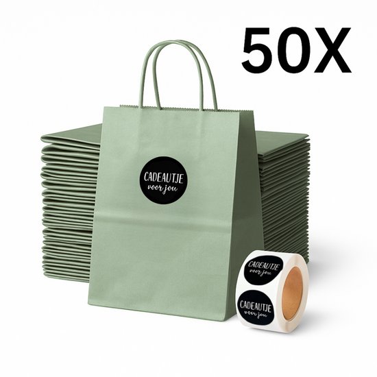 Papieren Draagtas (S) - Olijf Groen - (Inclusief Zwarte Stickers “Cadeautje voor jou”) - 50 Stuks - 18x8x22 cm - Papieren Tasjes - Kraft Tas - Tassen - Cadeau Tas - Hoogwaardig Natron Kraft Papier - Eco-vriendelijk