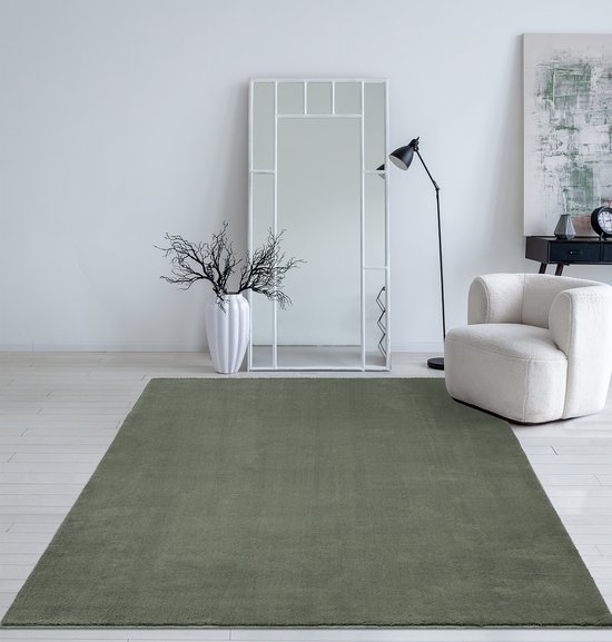 Mia's Teppiche Taos – Tapis à poils ras super doux avec envers antidérapant, lavable, vert foncé, 140 x 200 cm