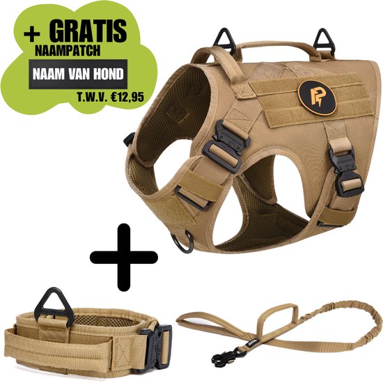 Harnais, collier et laisse pour chien de couleur kaki avec Velcro pour des patches nominatifs.