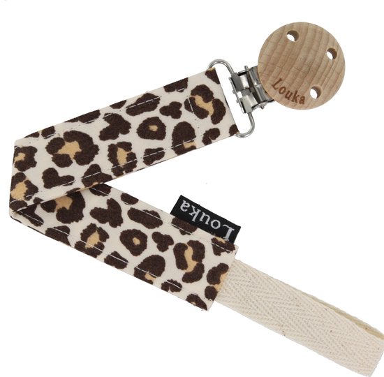 Louka speenkoord met panterprint, beige band en houten clip met 'Louka' logo.