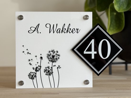 Plaque signalétique porte d'entrée pissenlit avec numéro de maison blanc