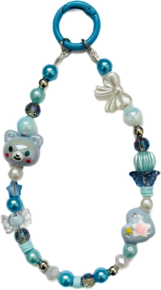 Love Beadz - Cutey bear blauw - handgemaakte kralen telefoonkoord - polsband - sleutelhanger
