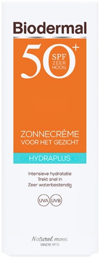 Verpakking van Biodermal SPF 50+ Zonnecrème Hydraplus met oranje en blauwe opdruk.
