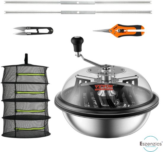 Foto: Eszenzics oogsttrimmer roestvrijstalen 41 cm kom stalen messen knipmachine 18 rubberen strips incl droogmand voor verwijderen droge en natte bladeren