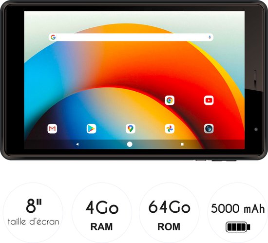 Zwarte tablet met Google-interface, 8 inch, 4GB RAM, 64GB ROM, 5000 mAh batterij.