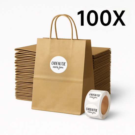 Papieren Draagtas (S) - Kraft / Bruin - (Inclusief Stickers “Cadeautje voor jou”) - 100 Stuks - 18x8x22 cm - Papieren Tasjes - Kraft Tas - Tassen - Cadeau Tas - Hoogwaardig Natron Kraft Papier - Eco-vriendelijk