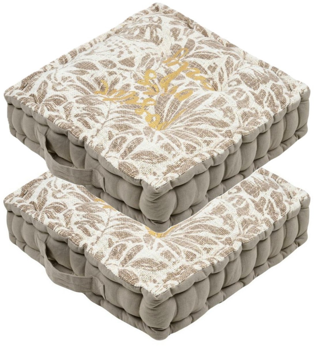 Stof Textile Vloerkussen Leaves - 2x - taupe/wit - katoen - 45 x 45 x 10 cm - vierkant - Extra dik - extra zitplaatsen - spelen - gamen - relaxen