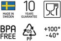 Iconen: Zweedse vlag, 10 jaar garantie, voedselveilig, BPA-vrij, PP plastic recycling, temperatuurbereik.