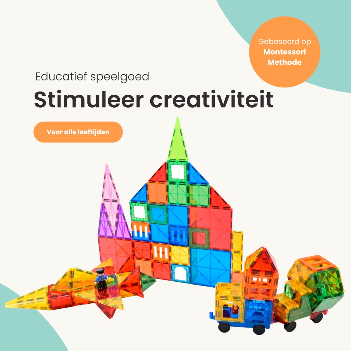 Kids4u Magnetic Tiles - Magnetisch Speelgoed - 125 Stuks Bouwset - 2 Minifiguren - Constructiespeelgoed - Montessori Speelgoed - Magnetische Tegels — cadeau in Spellen & Speelgoed - foto 3