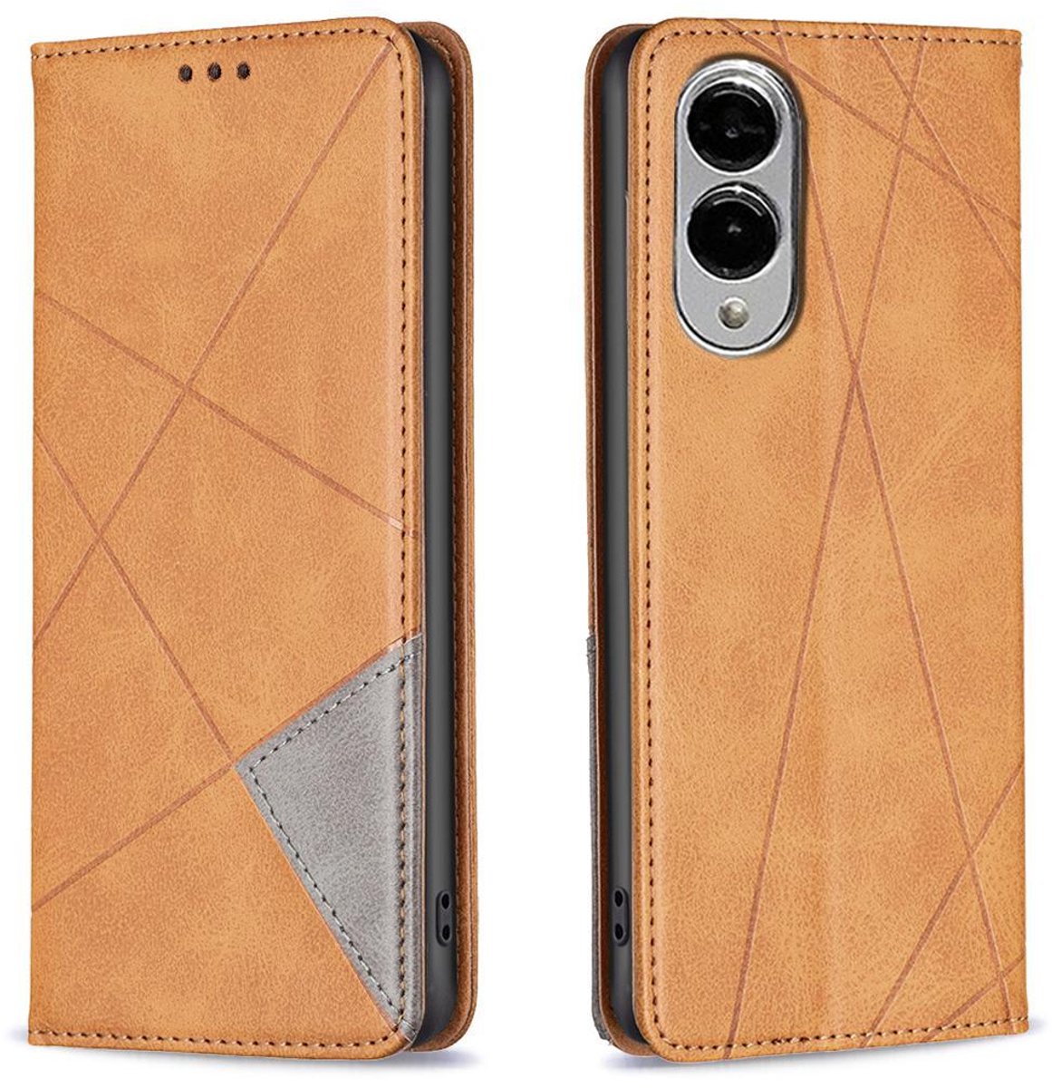 Mobigear Telefoonhoesje geschikt voor Samsung Galaxy S25 Edge Hoesje | Mobigear Rhombus Slim Bookcase | Pasjeshouder voor 2 Pasjes | Telefoonhoesje voor Pinpas / OV Kaart / Rijbewijs - Cognac
