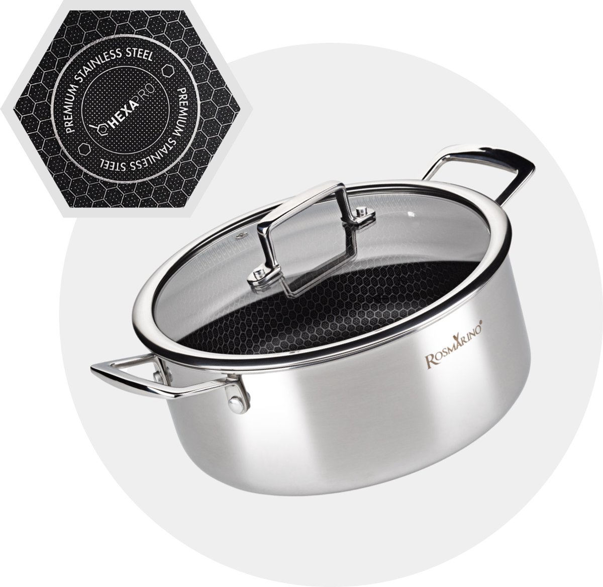 Rosmarino HexaPRO Kookpan - Braadpan - Braadpan Inductie - Hapjespan Inductie - Braadpannen - Hapjespan 24 cm met Deksel - Geschikt voor alle warmtebronnen