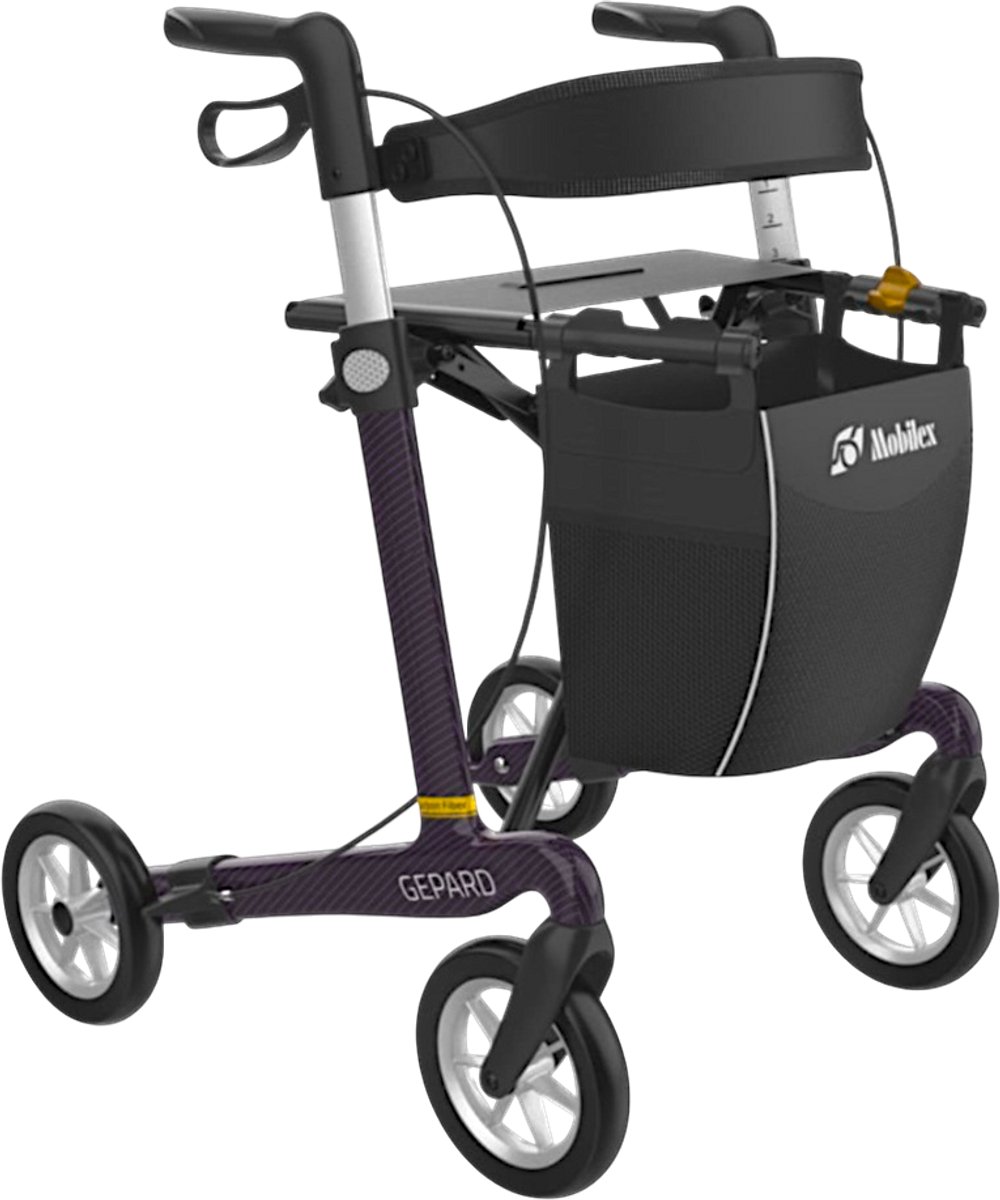 Mobilex Gepard - Carbon rollator - Comfort banden - Zithoogte 62 cm - Opvouwbaar - binnen en buiten - Inclusief tas, rugband en stokhouder - Paars