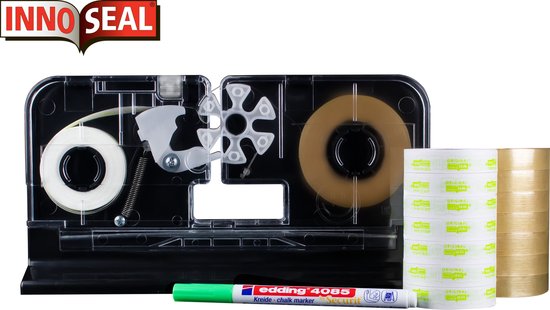 InnoSeal zakkensluiter met transparante behuizing, rollen tape en groene stift.