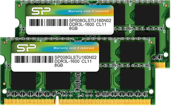 Twee groene DDR3 SODIMM laptop geheugenmodules met SP logo, barcode en specificaties.
