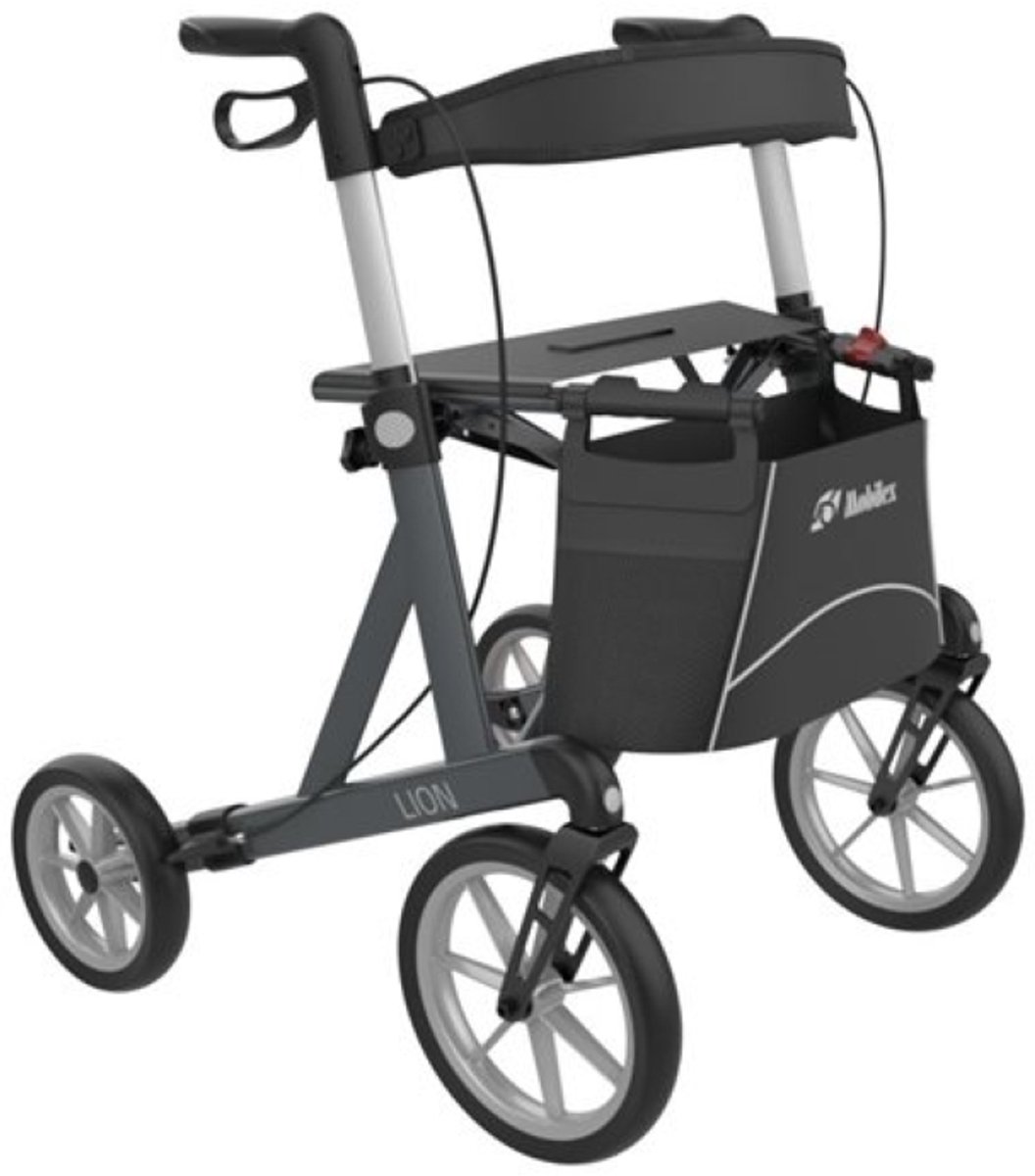 Mobilex Lion - Lichtgewicht rollator - Comfort banden - Zithoogte 62 cm - Opvouwbaar - Inclusief tas, rugband en stokhouder - Grijs