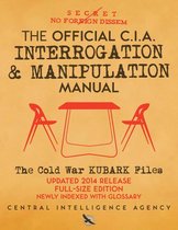 Cover van het boek "The Official C.I.A. Interrogation & Manipulation Manual", oranje met tekst en rode stoelen.
