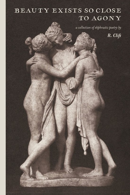 Boekomslag met de tekst 'Beauty exists so close to agony' en een marmeren beeld van drie omhelzende figuren.